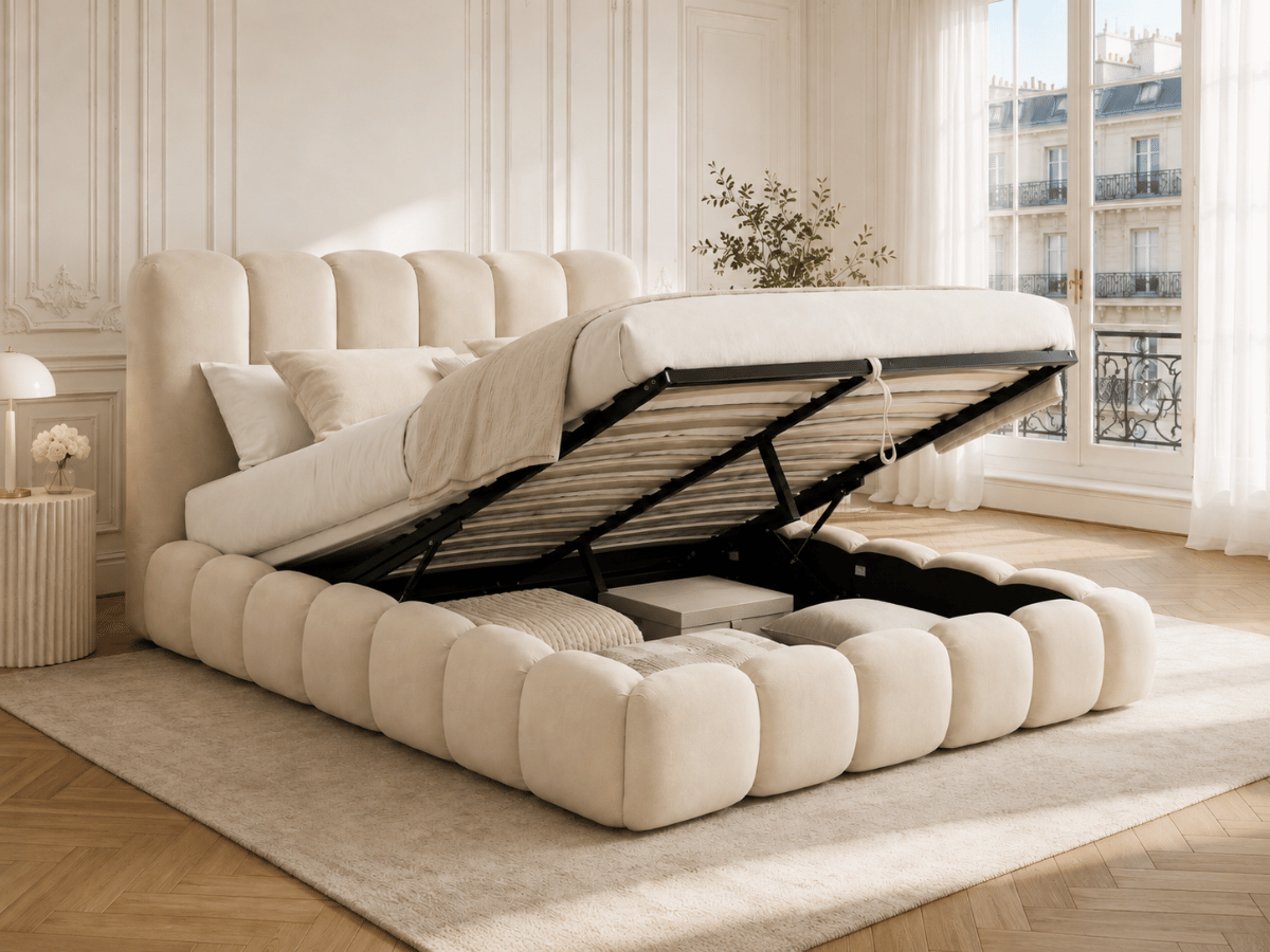 Lit coffre Romy – Design arrondi, tête de lit capitonnée & grand rangement