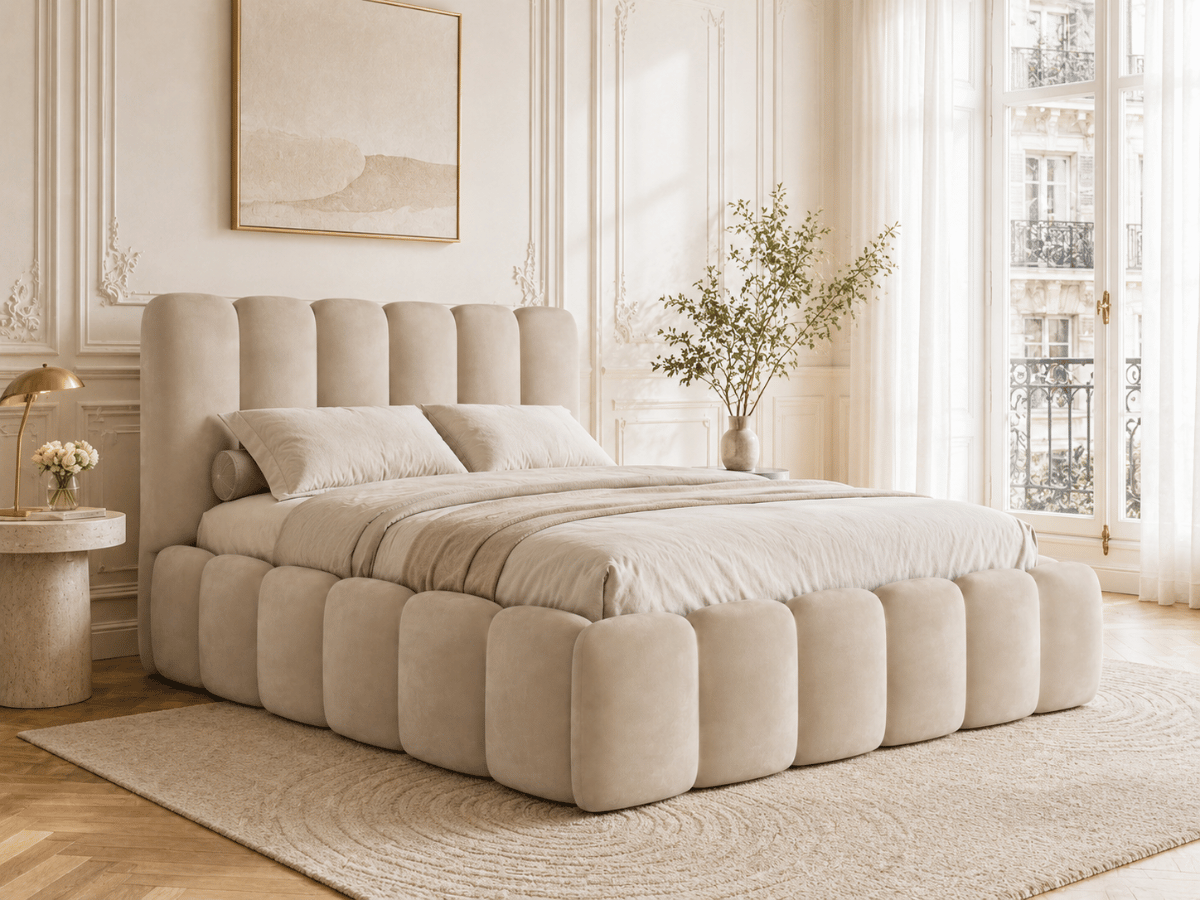 Lit coffre design avec tête de lit matelassée - JADE