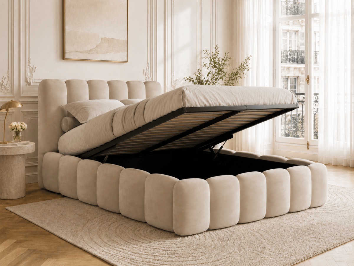 Lit coffre design avec tête de lit matelassée - JADE