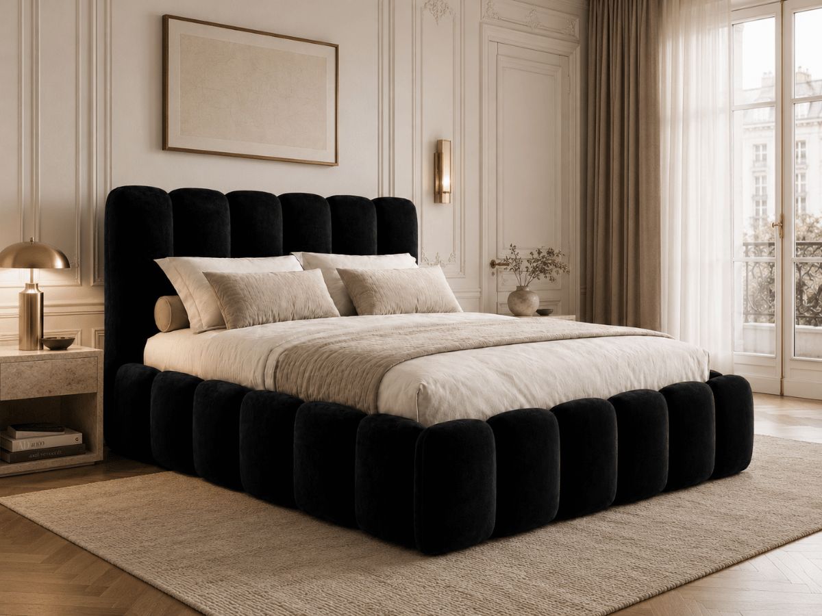 Lit coffre design avec tête de lit matelassée - JADE