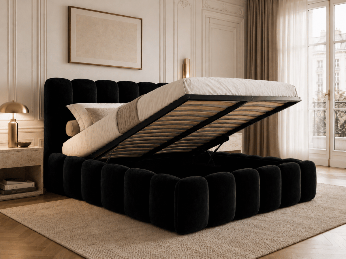 Lit coffre design avec tête de lit matelassée - JADE