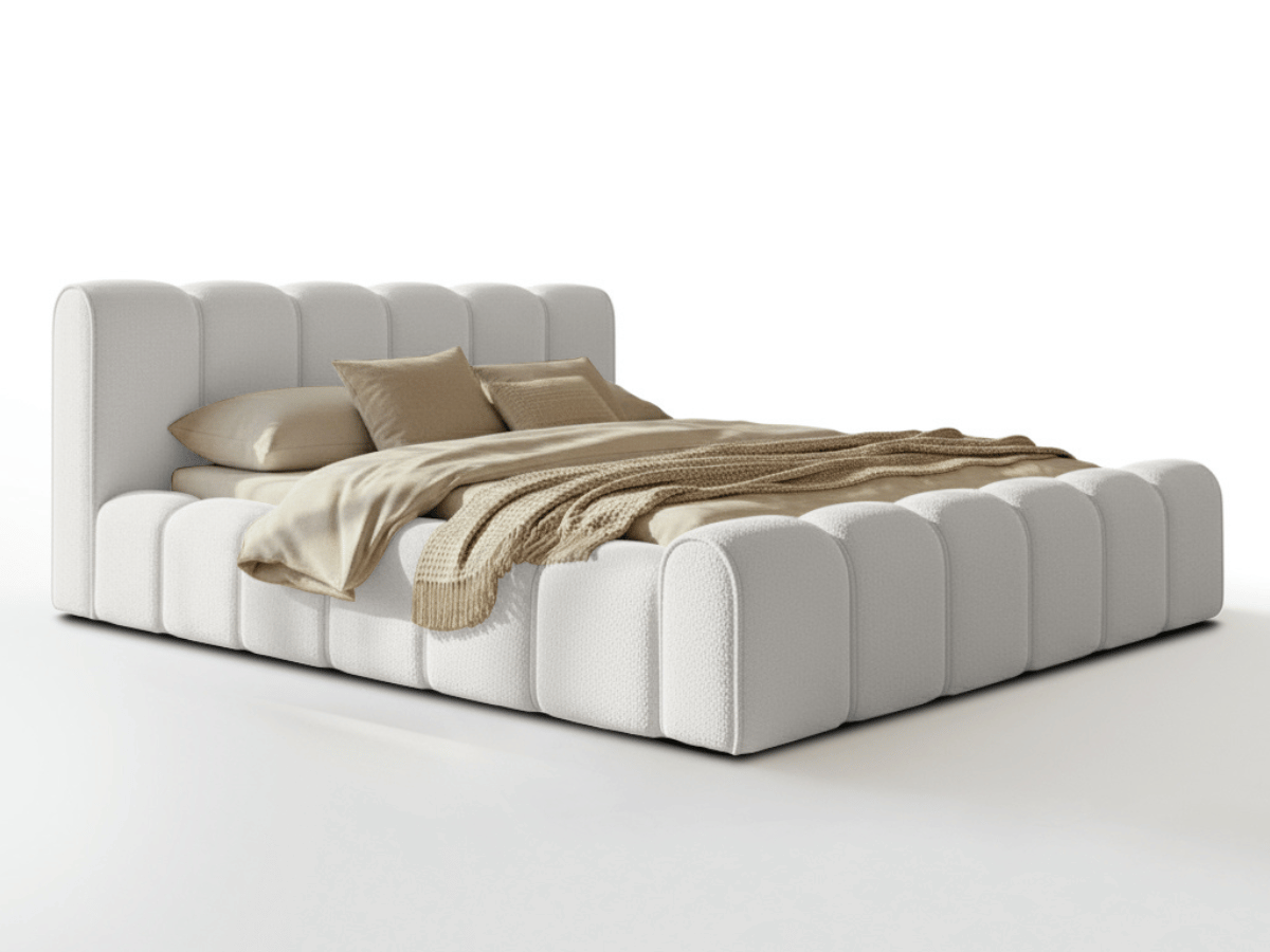 Lit coffre Adèle en tissu bouclette – Design capitonné, coffre de rangement