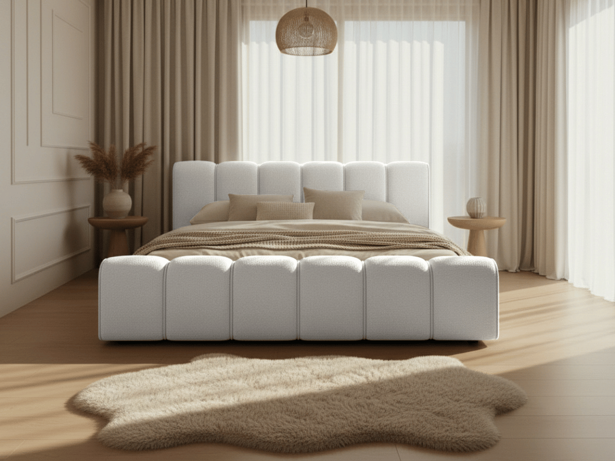 Lit coffre Adèle en tissu bouclette – Design capitonné, coffre de rangement