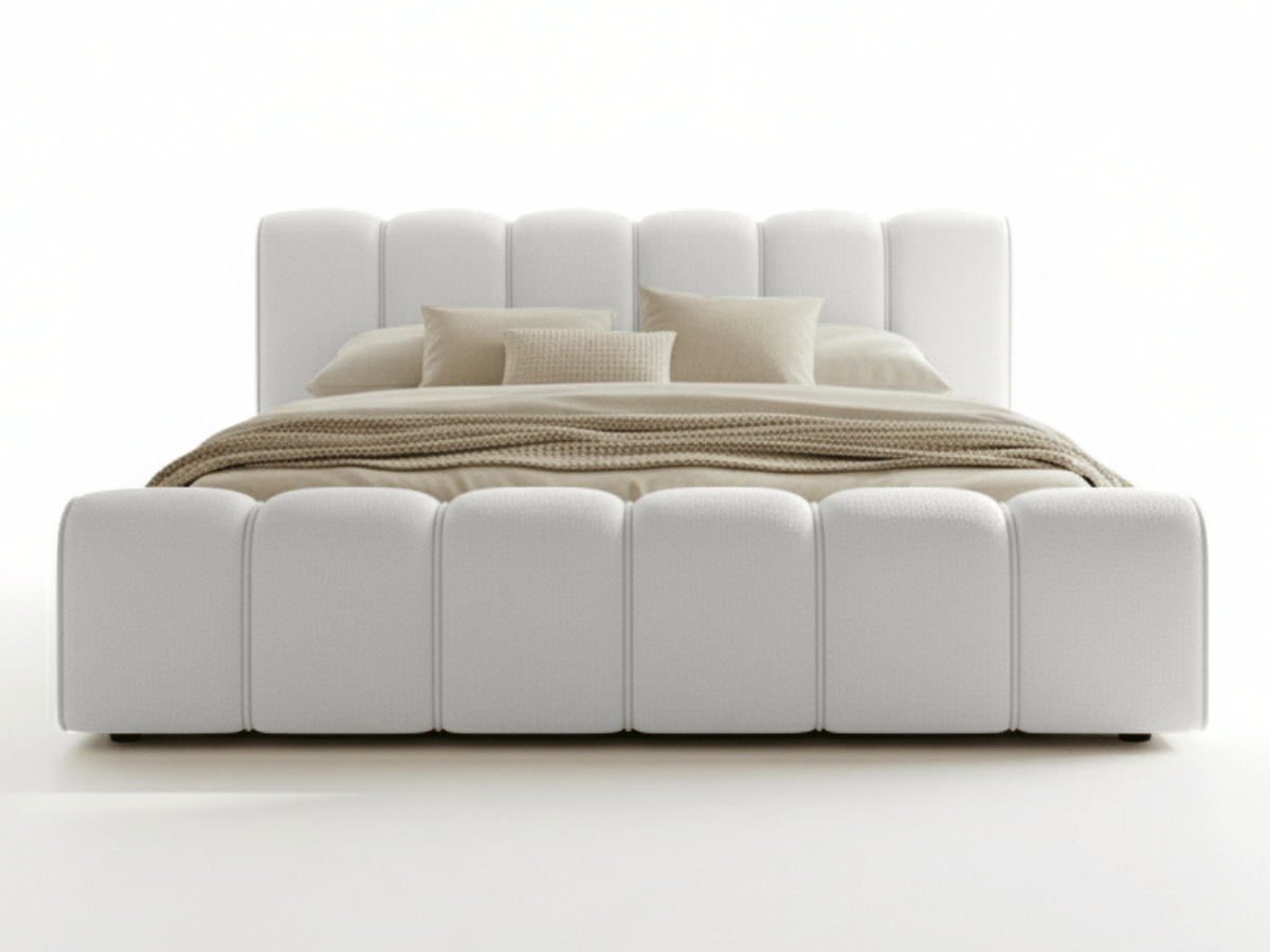 Lit coffre Adèle en tissu bouclette – Design capitonné, coffre de rangement