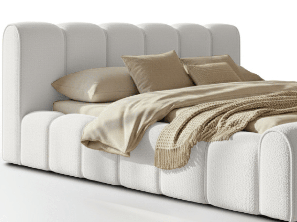 Lit coffre Adèle en tissu bouclette – Design capitonné, coffre de rangement