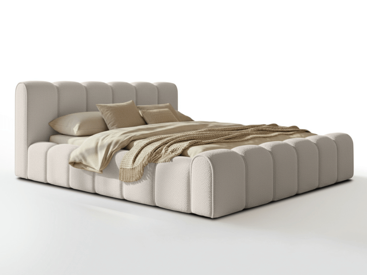 Lit coffre Adèle en tissu bouclette – Design capitonné, coffre de rangement