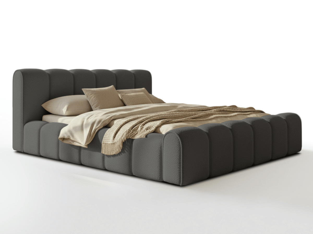 Lit coffre Adèle en tissu bouclette – Design capitonné, coffre de rangement