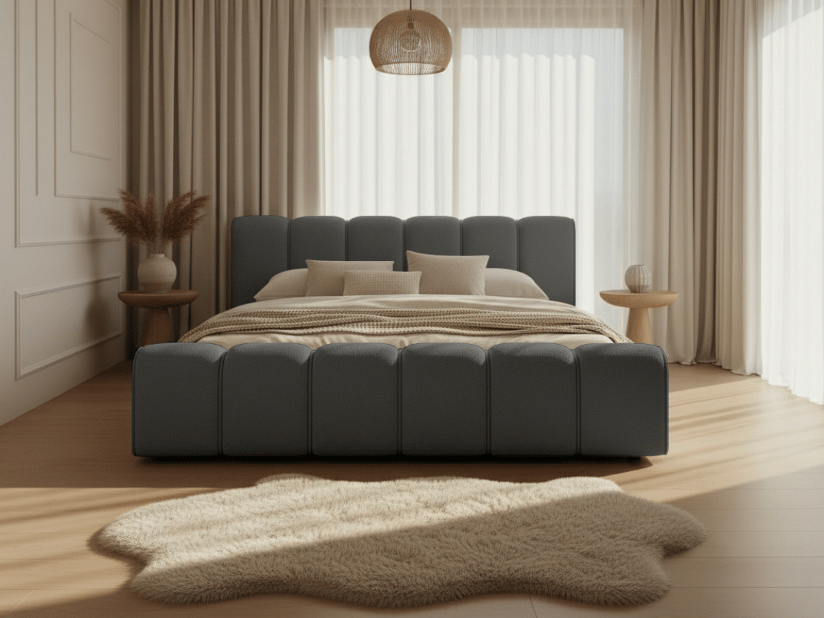 Lit coffre Adèle en tissu bouclette – Design capitonné, coffre de rangement