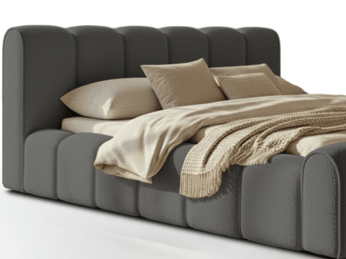 Lit coffre Adèle en tissu bouclette – Design capitonné, coffre de rangement