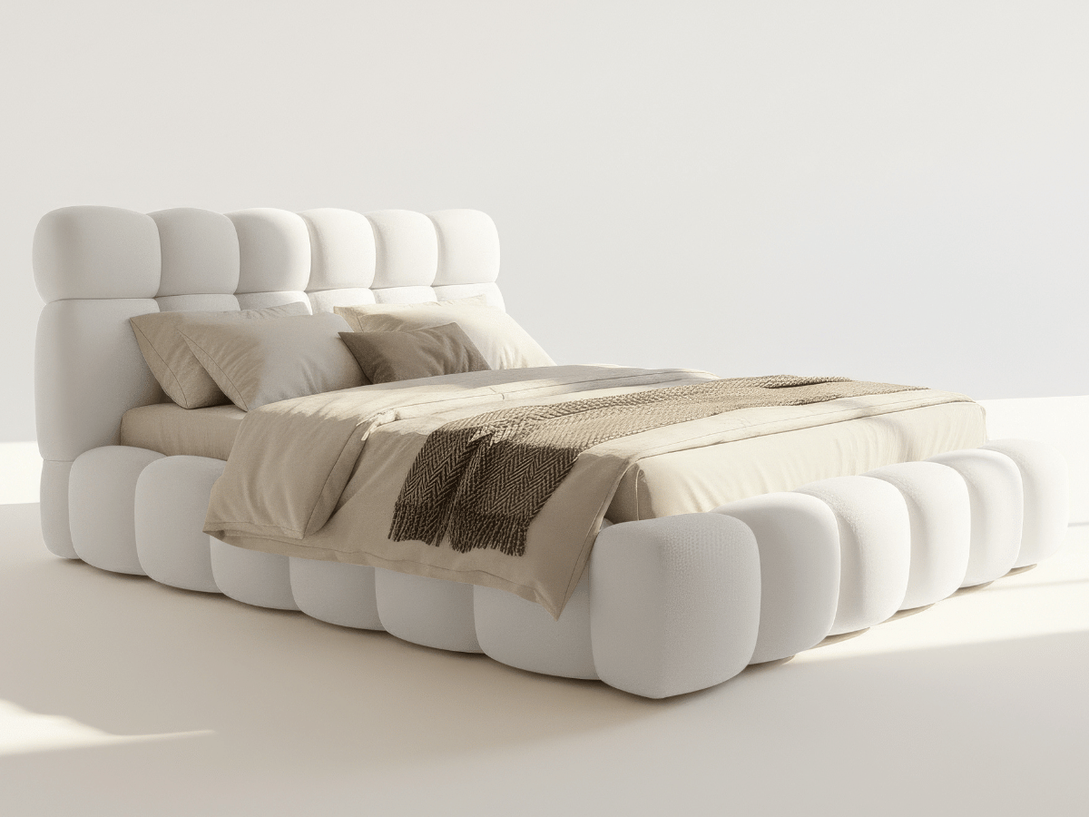 Lit coffre Denver en tissu bouclette – Lit design rembourré avec rangement