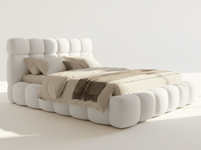 Lit coffre Denver en tissu bouclette – Lit design rembourré avec rangement