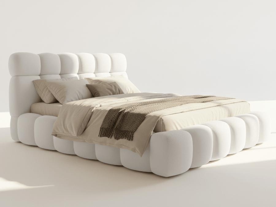 Lit coffre Denver en tissu bouclette – Lit design rembourré avec rangement