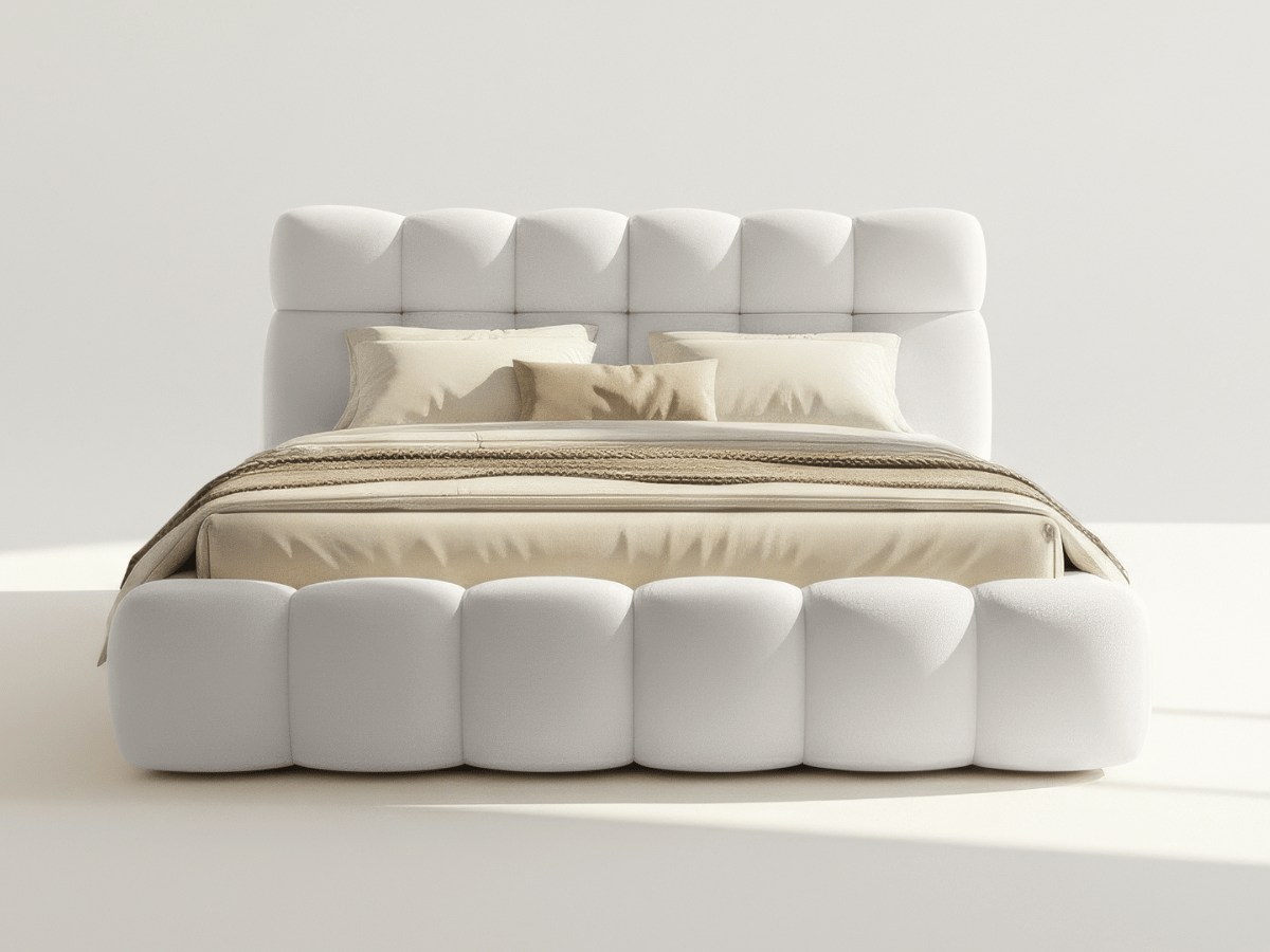 Lit coffre Denver en tissu bouclette – Lit design rembourré avec rangement