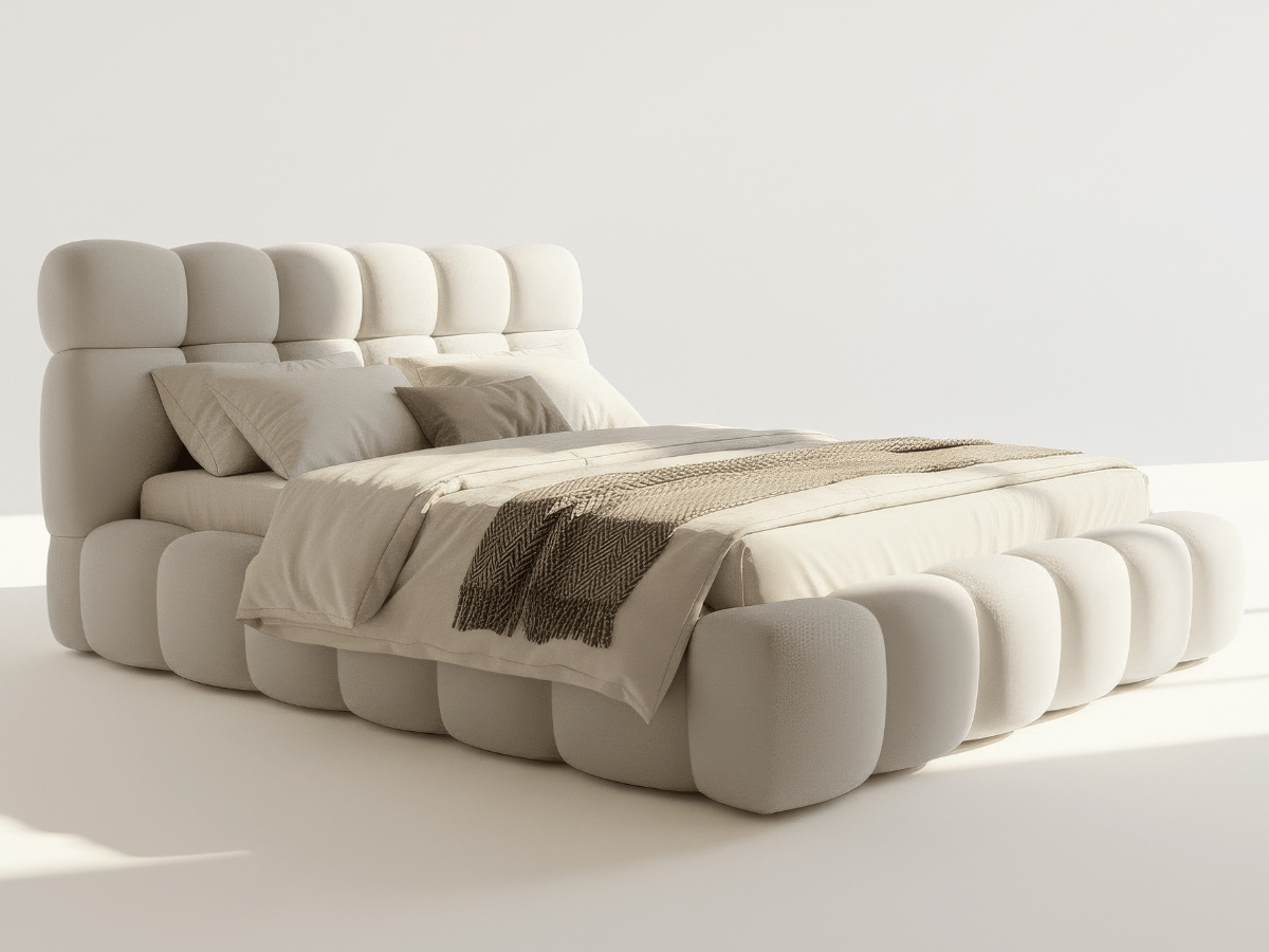 Lit coffre Denver en tissu bouclette – Lit design rembourré avec rangement