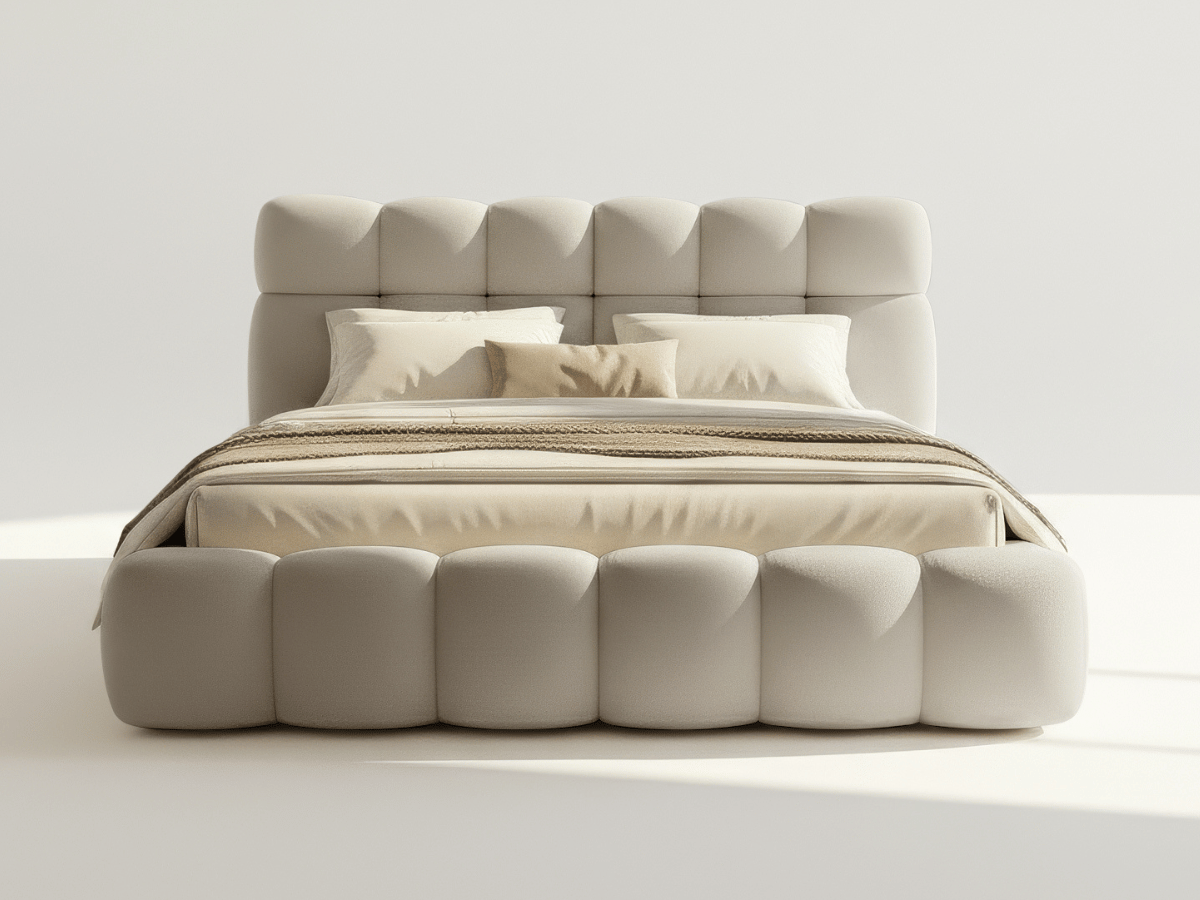 Lit coffre Denver en tissu bouclette – Lit design rembourré avec rangement