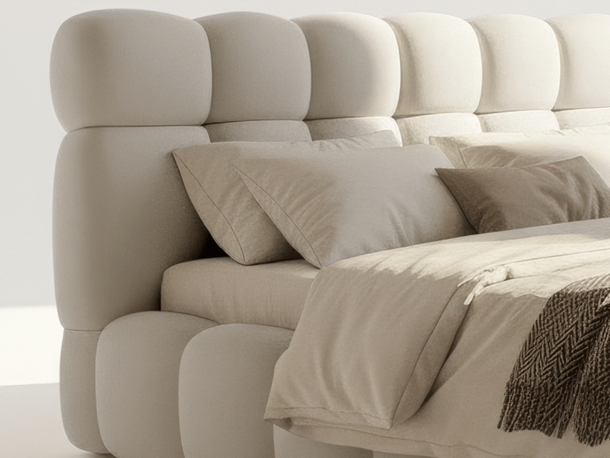 Lit coffre Denver en tissu bouclette – Lit design rembourré avec rangement