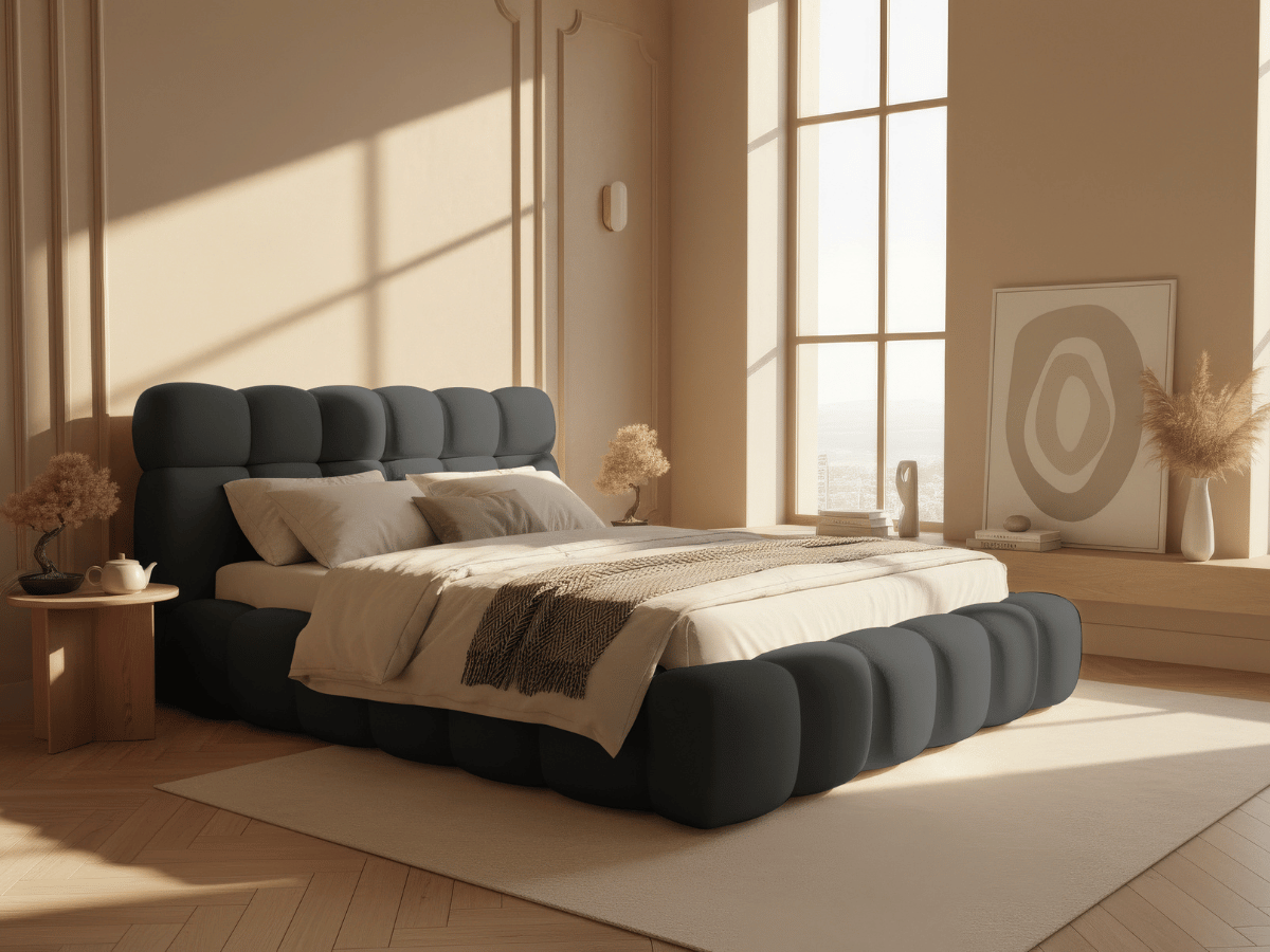 Lit coffre Denver en tissu bouclette – Lit design rembourré avec rangement