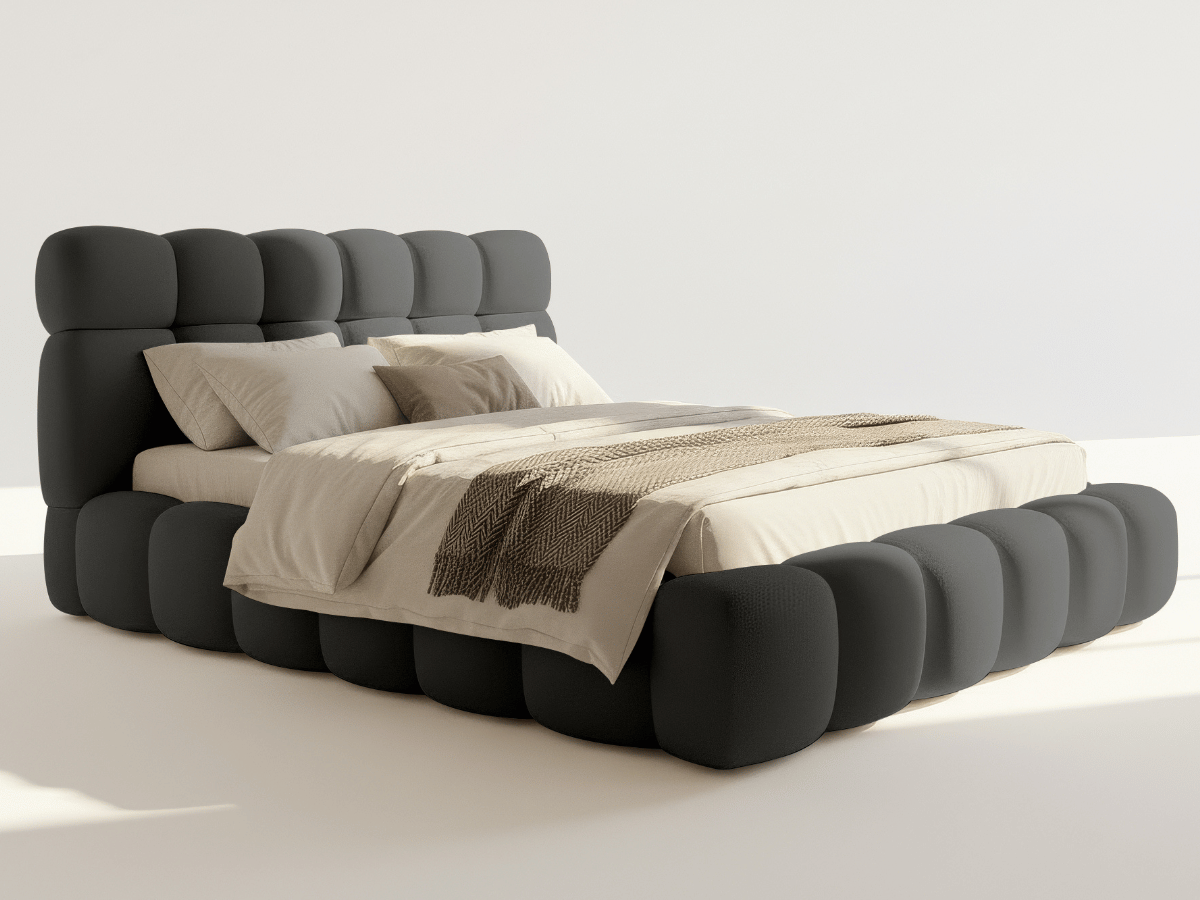 Lit coffre Denver en tissu bouclette – Lit design rembourré avec rangement