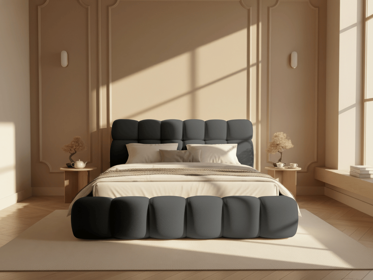 Lit coffre Denver en tissu bouclette – Lit design rembourré avec rangement