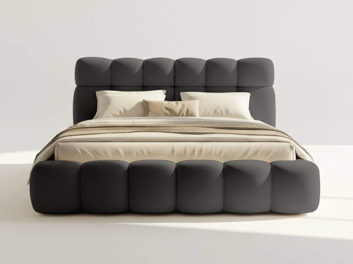 Lit coffre Denver en tissu bouclette – Lit design rembourré avec rangement