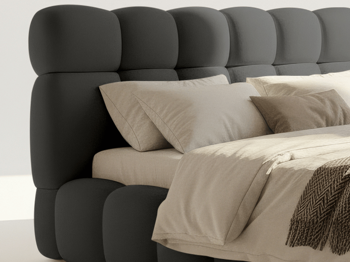 Lit coffre Denver en tissu bouclette – Lit design rembourré avec rangement