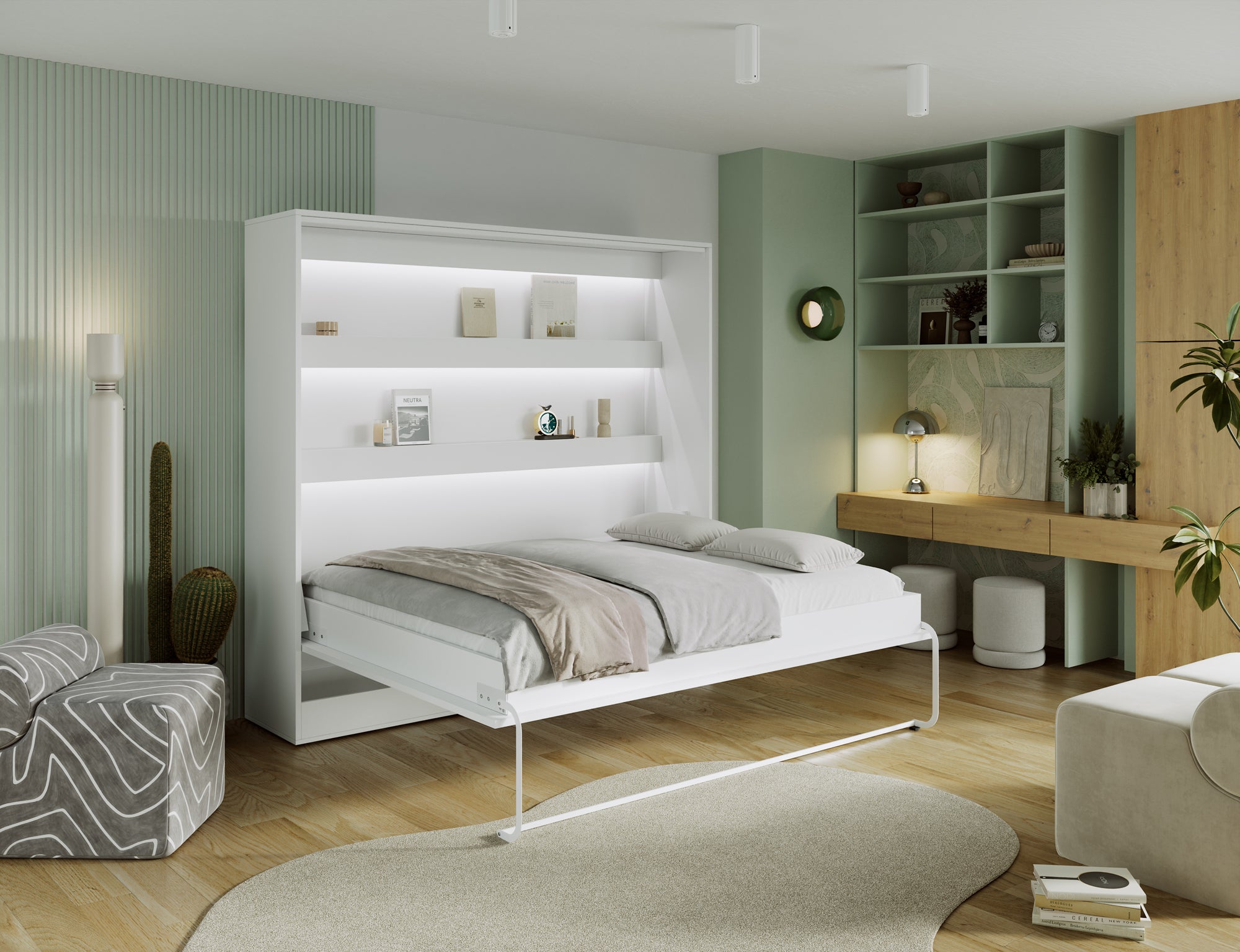 Lit escamotable NEO – armoire lit murale verticale avec rangements