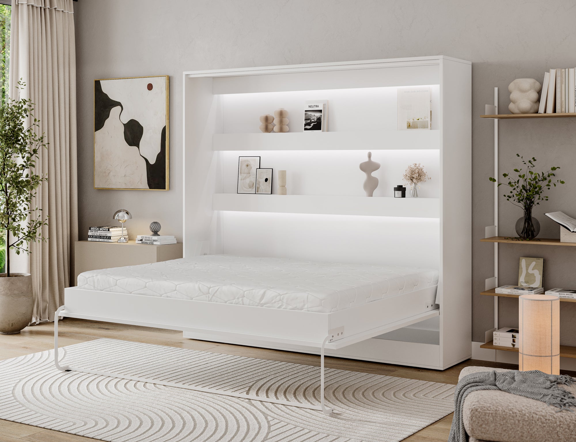 Lit escamotable NEO – armoire lit murale verticale avec rangements