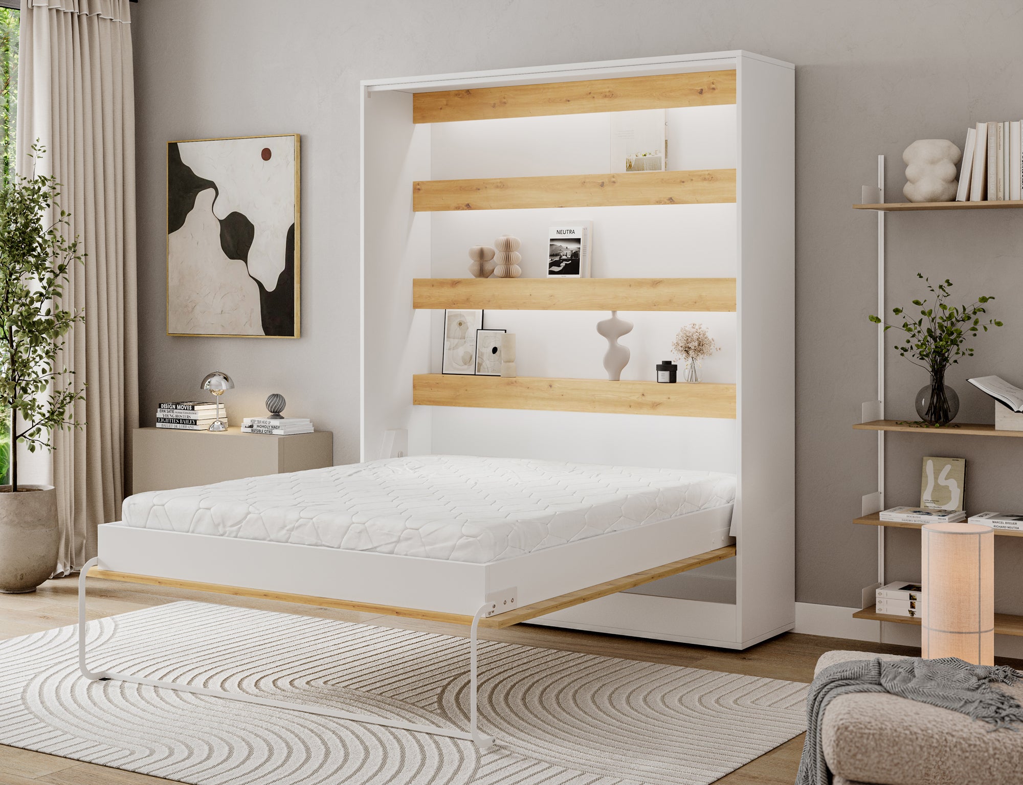 Lit escamotable NEO – armoire lit murale verticale avec rangements