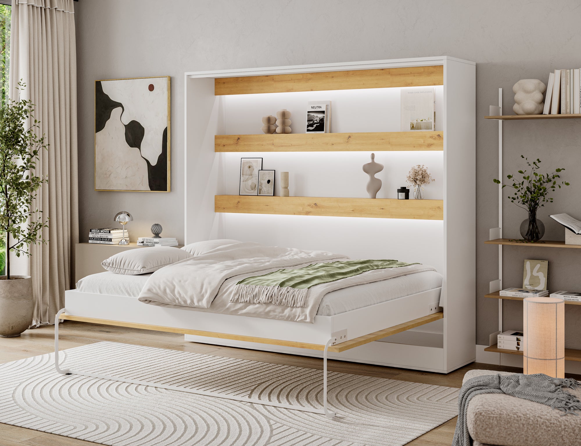 Lit escamotable NEO – armoire lit murale verticale avec rangements