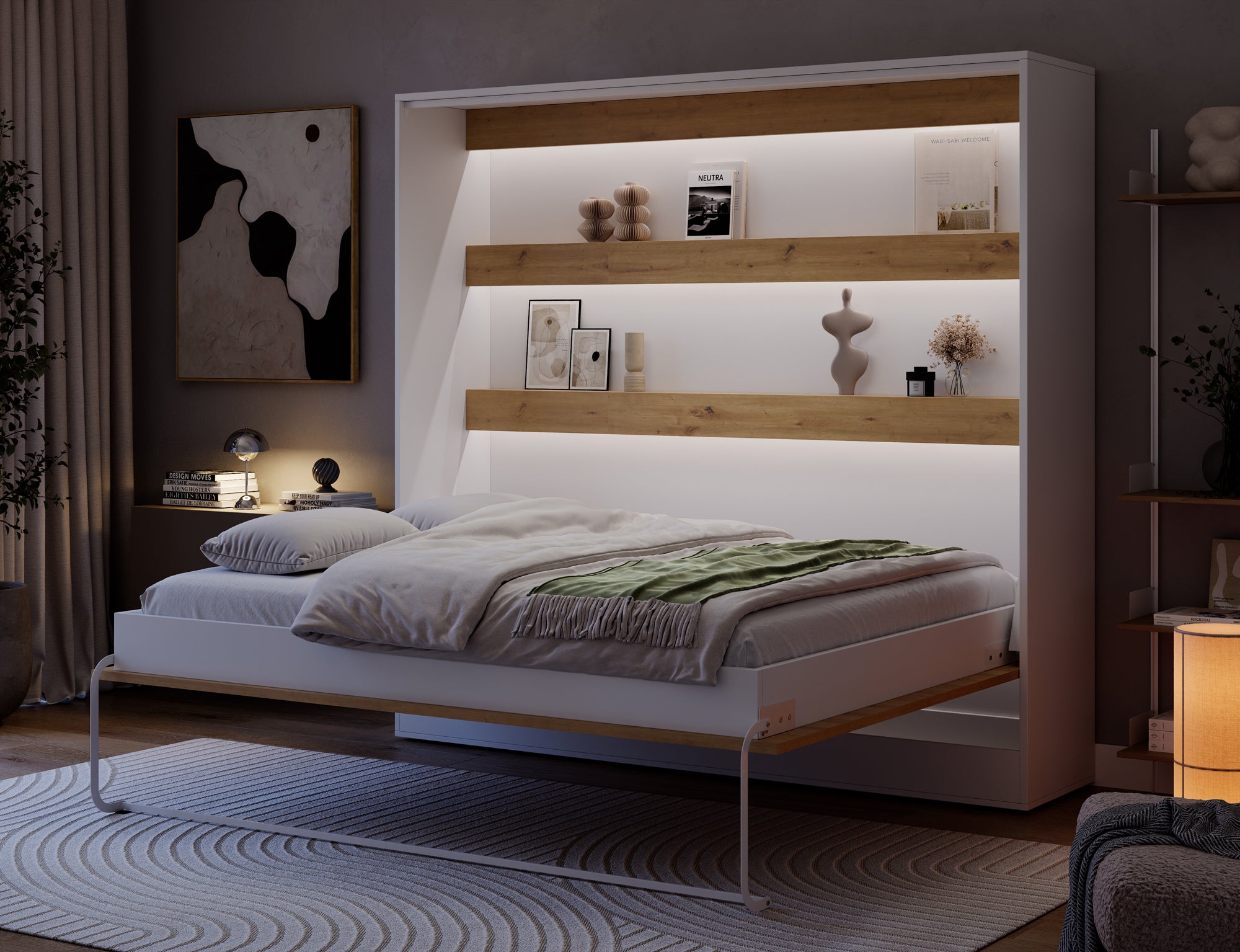 Lit escamotable NEO – armoire lit murale verticale avec rangements