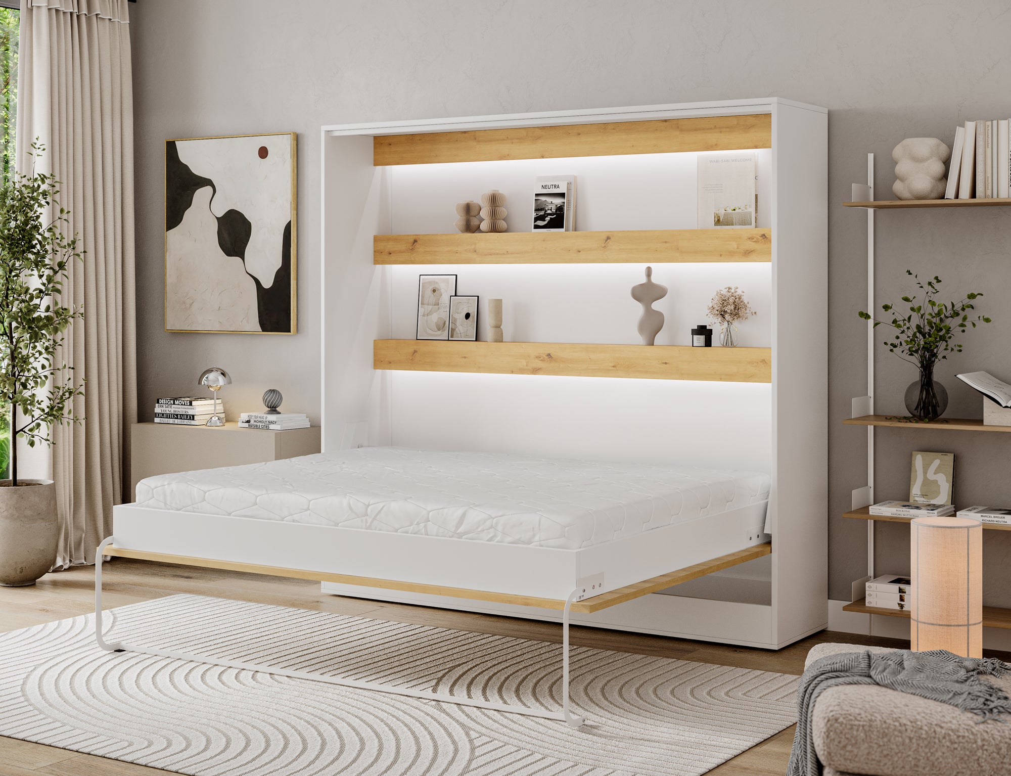 Lit escamotable NEO – armoire lit murale verticale avec rangements