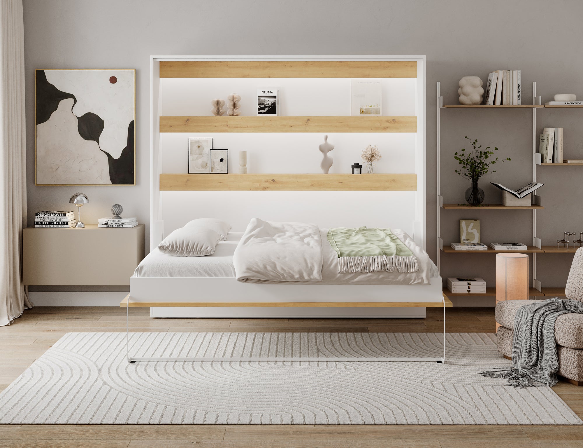 Lit escamotable NEO – armoire lit murale verticale avec rangements