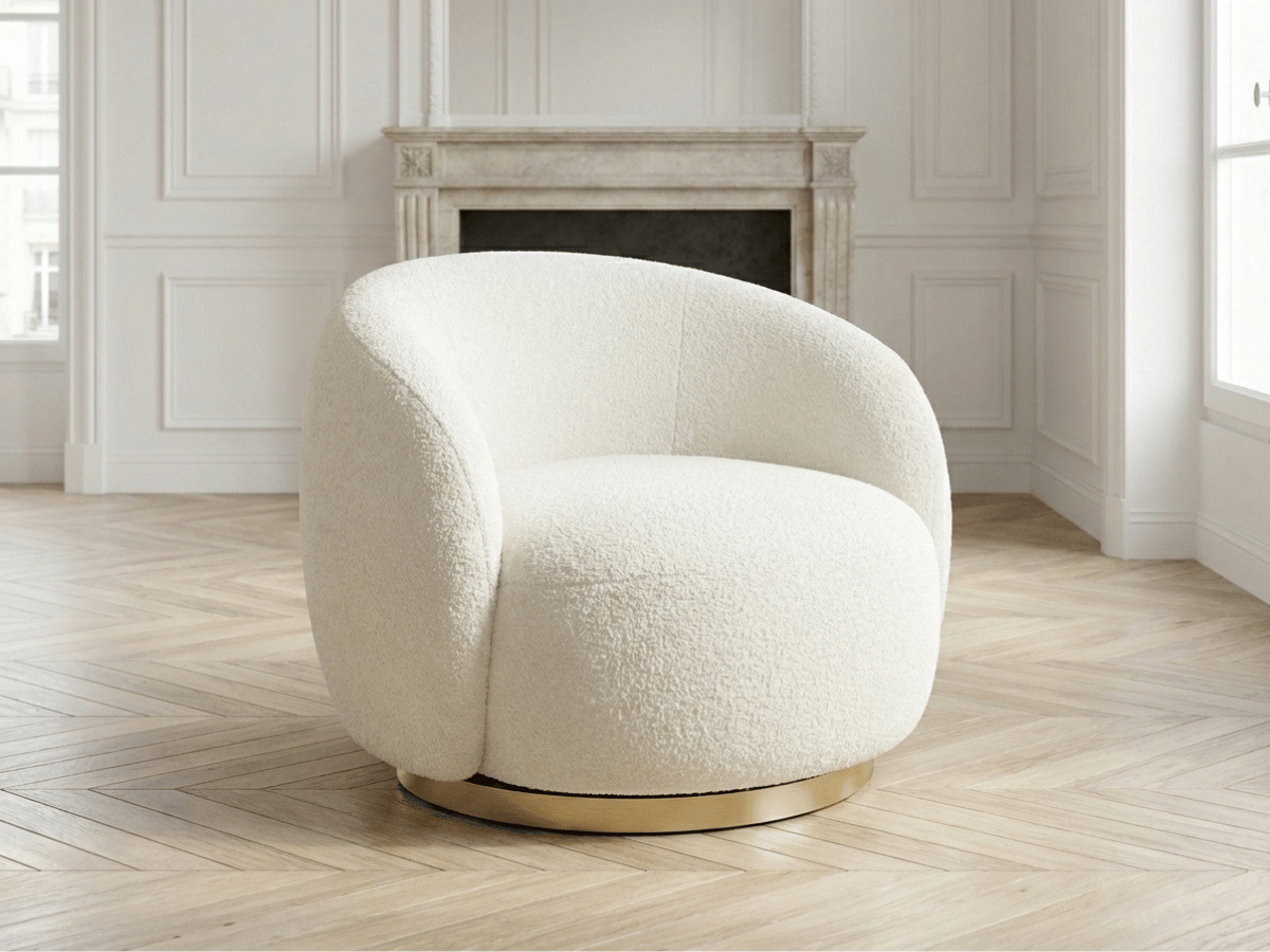 Fauteuil rotatif cocooning en bouclette blanche – Luma