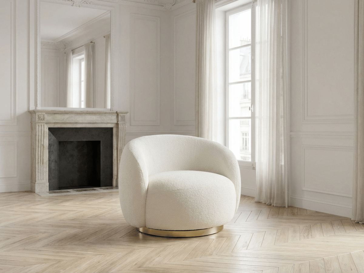 Fauteuil rotatif cocooning en bouclette blanche – Luma