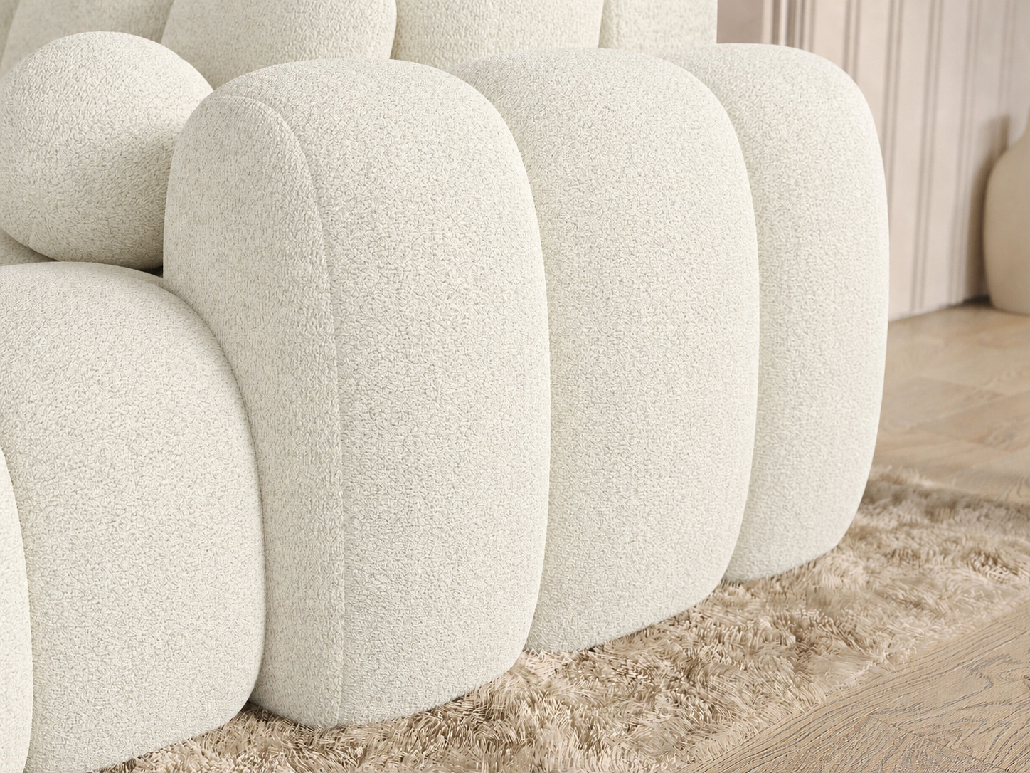 Canapé Saint-Germain avec coffre de rangement ouvert – tissu boucle blanc