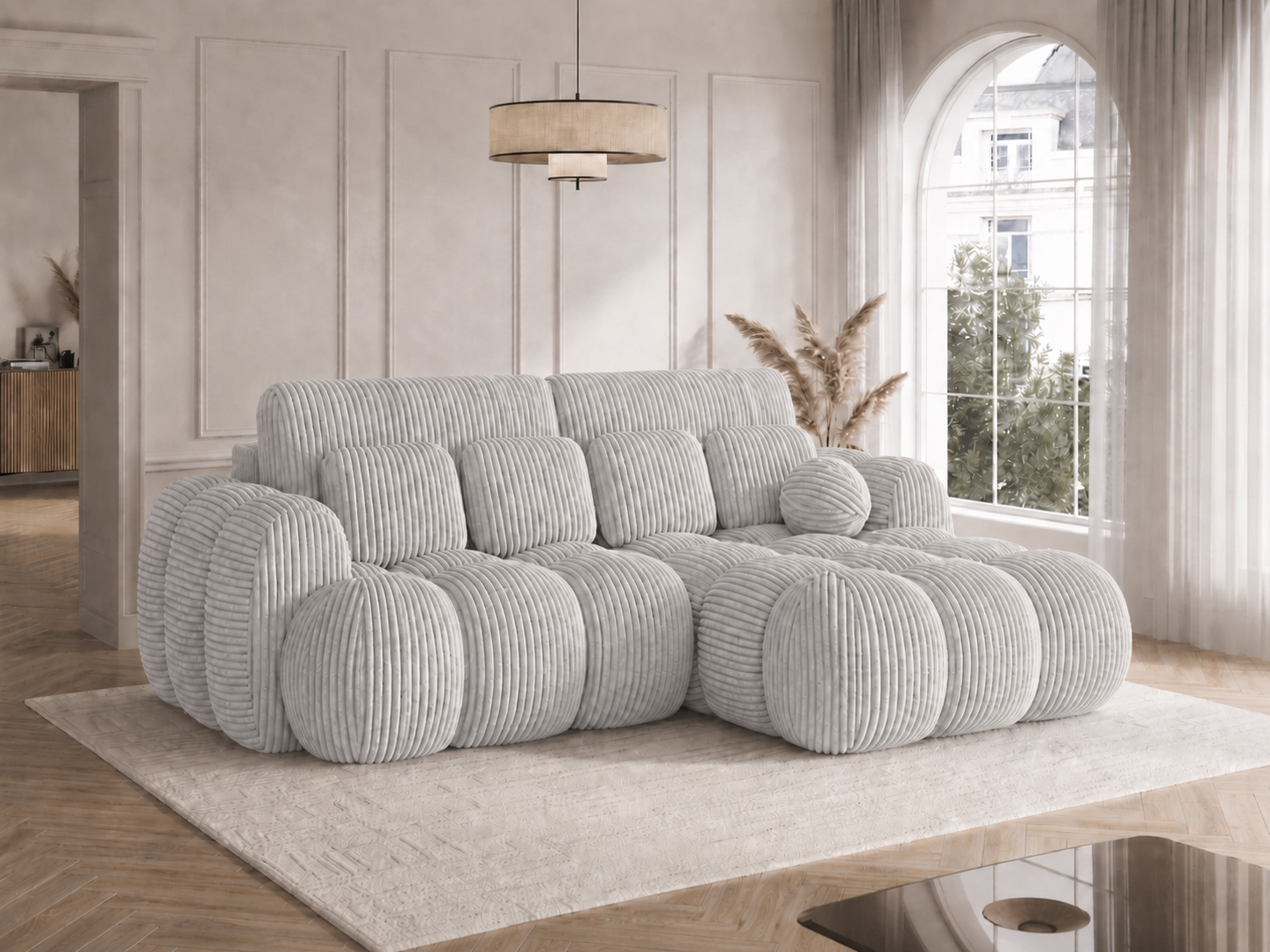 Canapé Saint-Germain avec coffre de rangement ouvert – velours côtelé gris clair