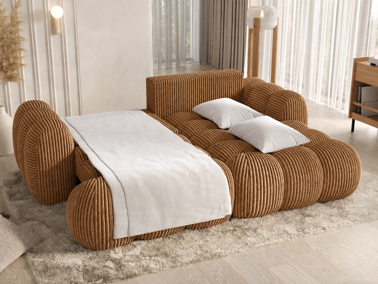 Canapé Saint-Germain avec coffre de rangement ouvert – velours côtelé terracotta