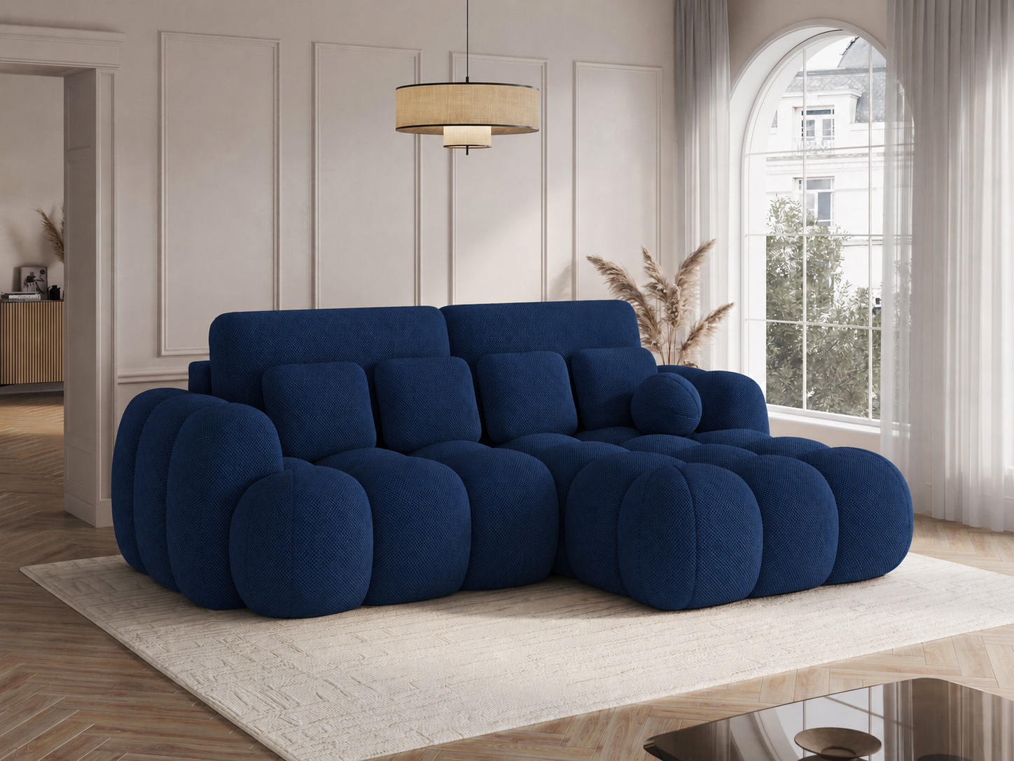 Canapé d'angle convertible Saint-Germain 4 places – vue d'angle, tissu texturé 3D bleu
