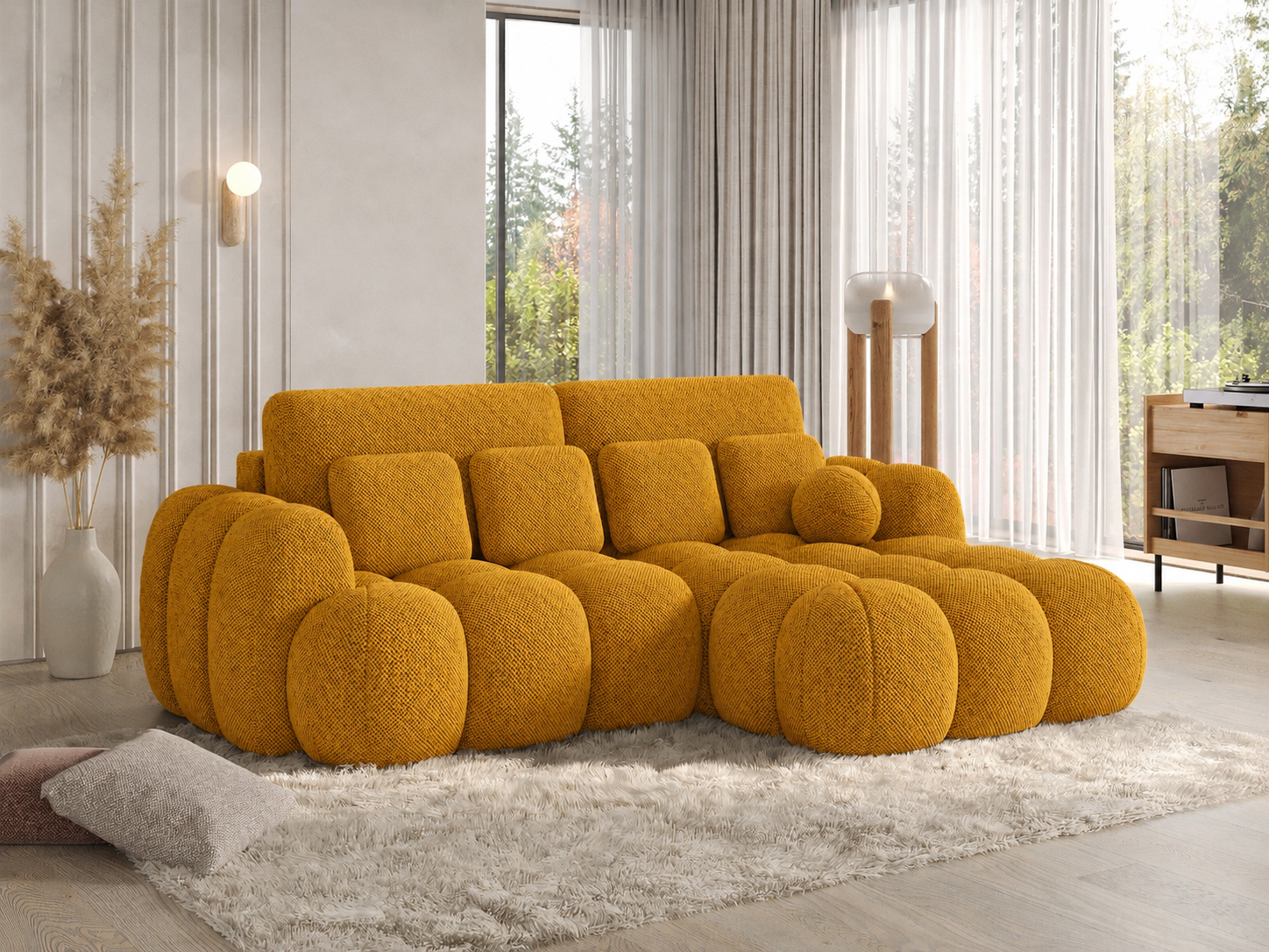 Canapé Saint-Germain avec coffre de rangement ouvert – tissu texturé 3D moutarde
