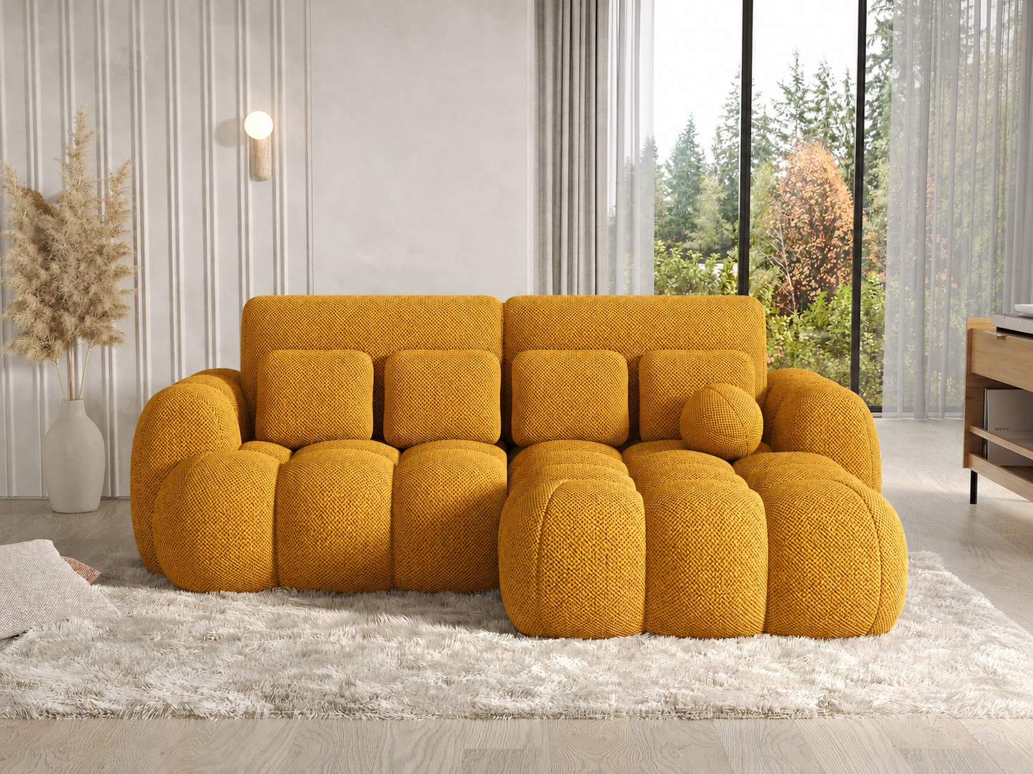 Canapé Saint-Germain – dossier et coussins, tissu texturé 3D moutarde