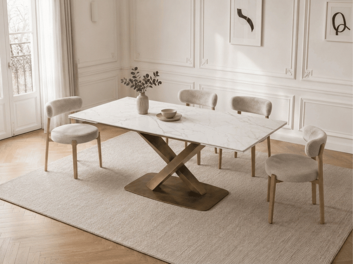 Table à manger extensible AUREA – Céramique effet marbre noir & pied croisé doré – 180/260 x 90 cm