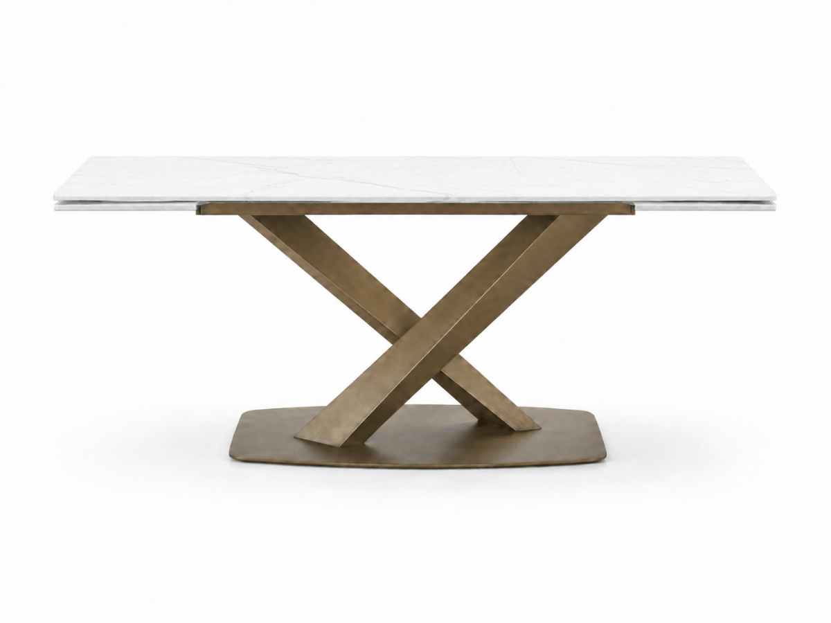 Table à manger extensible AUREA – Céramique effet marbre noir & pied croisé doré – 180/260 x 90 cm