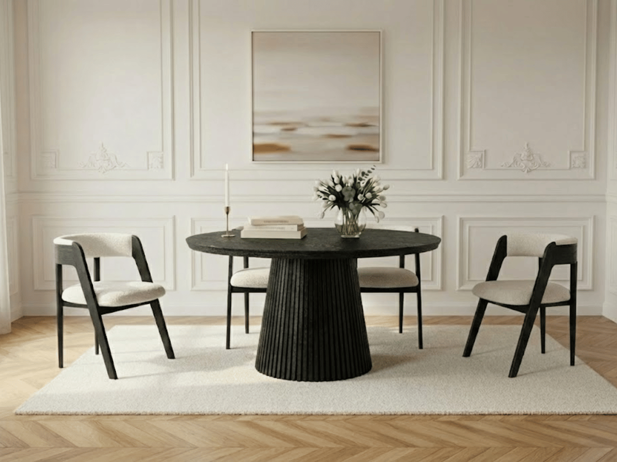 Table ronde extensible NELLA en bois – Ø 120 cm fermée / 200 cm ouverte – 2 rallonges intégrées