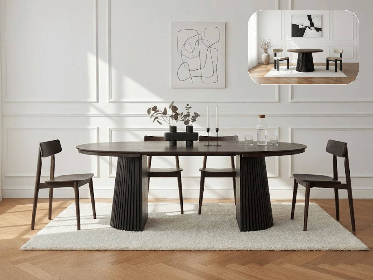 Table ronde extensible NELLA en bois – Ø 120 cm fermée / 200 cm ouverte – 2 rallonges intégrées