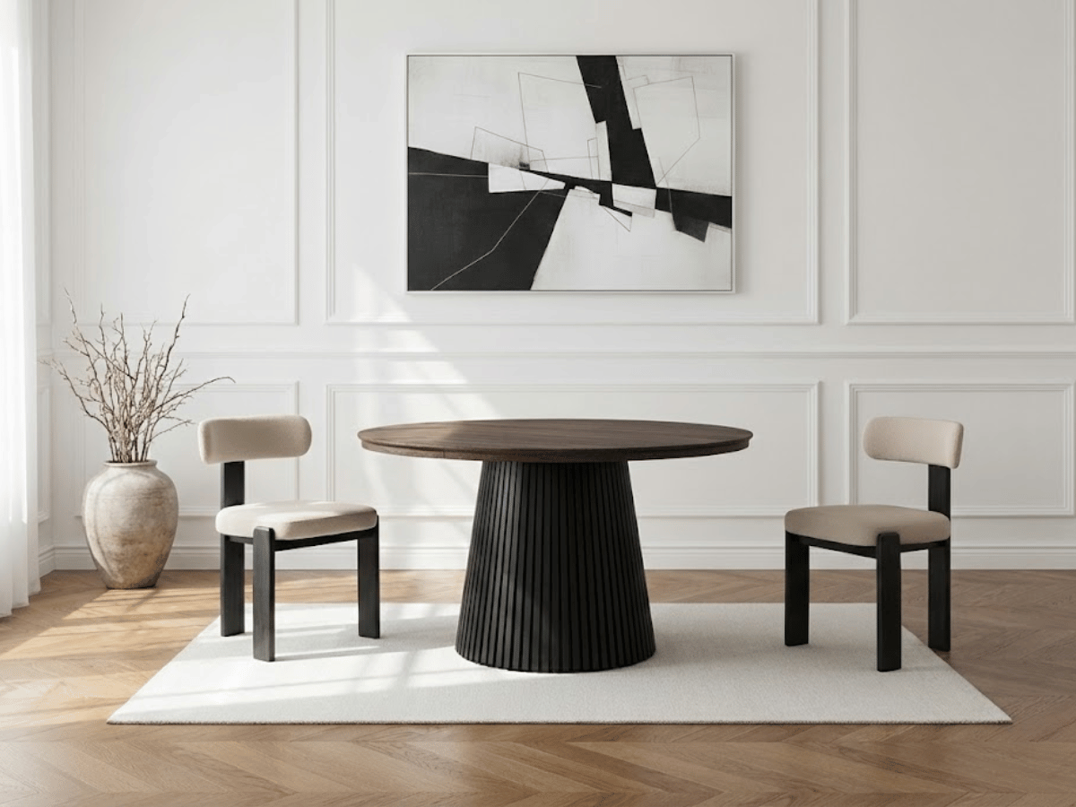 Table ronde extensible NELLA en bois – Ø 120 cm fermée / 200 cm ouverte – 2 rallonges intégrées