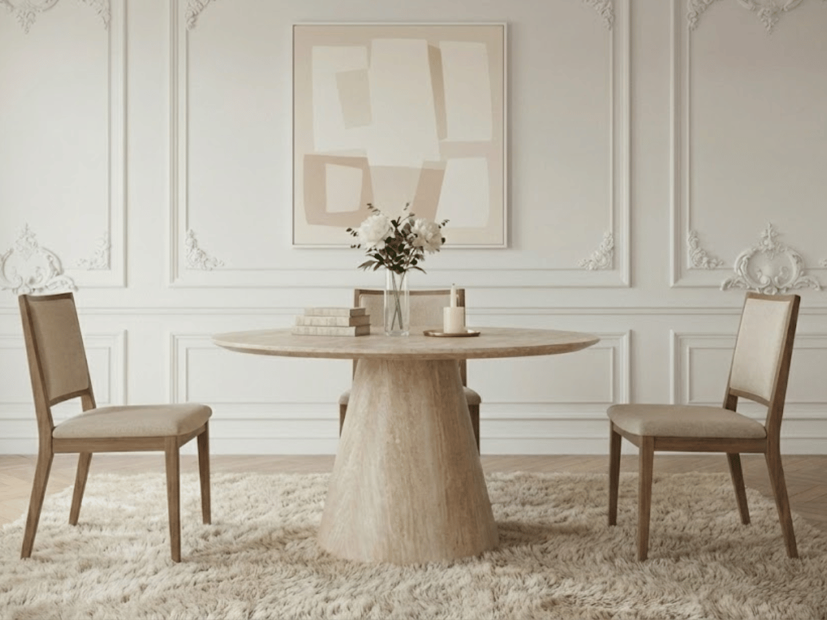 Table à manger ronde NOEMIE effet travertin – Ø120 cm – Design moderne