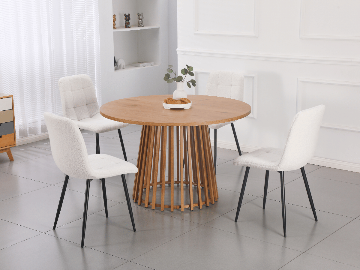 Mesa de comedor redonda de madera laminada encolada - Base de diseño con listones verticales - Acabado roble claro ALFORD