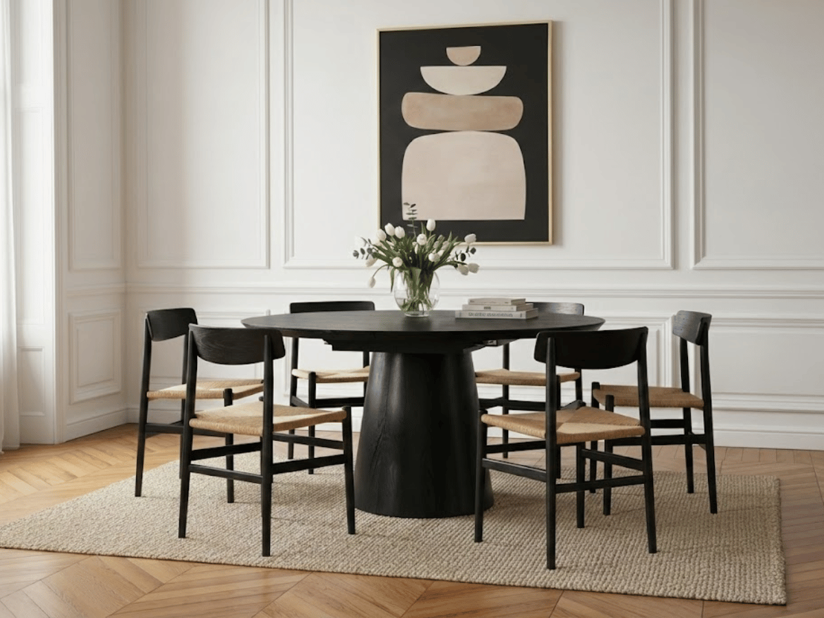 Table ronde extensible TARGA en bois – Ø 115 cm fermée / 185 cm ouverte – 2 rallonges intégrées