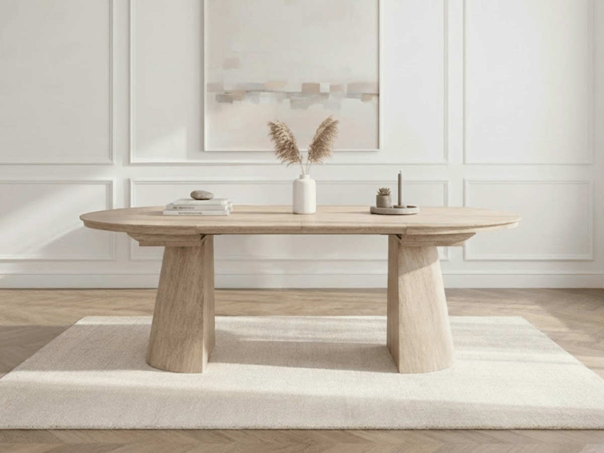 Table ronde extensible TARGA en bois – Ø 115 cm fermée / 185 cm ouverte – 2 rallonges intégrées