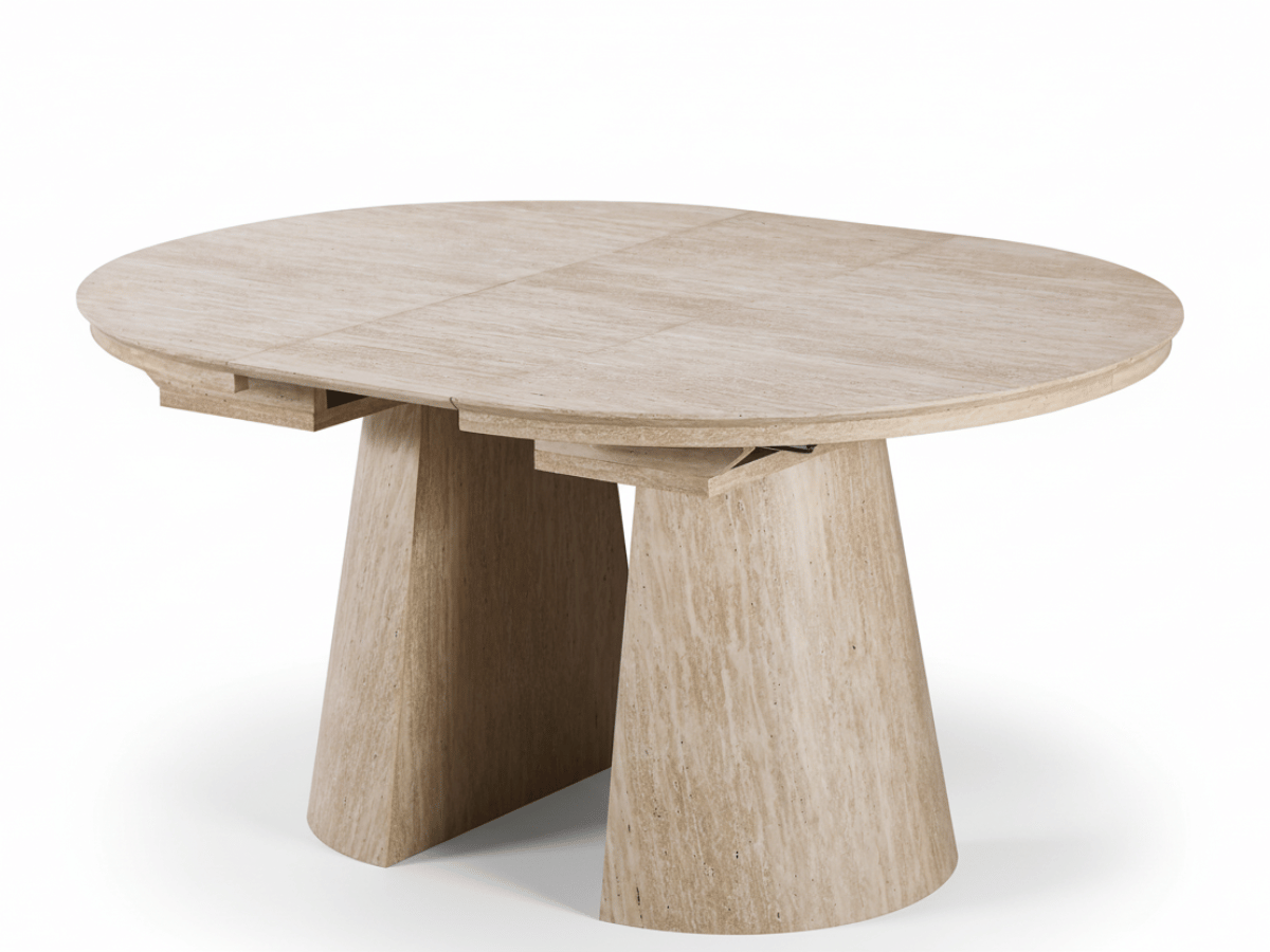 Table ronde extensible TARGA en bois – Ø 115 cm fermée / 185 cm ouverte – 2 rallonges intégrées